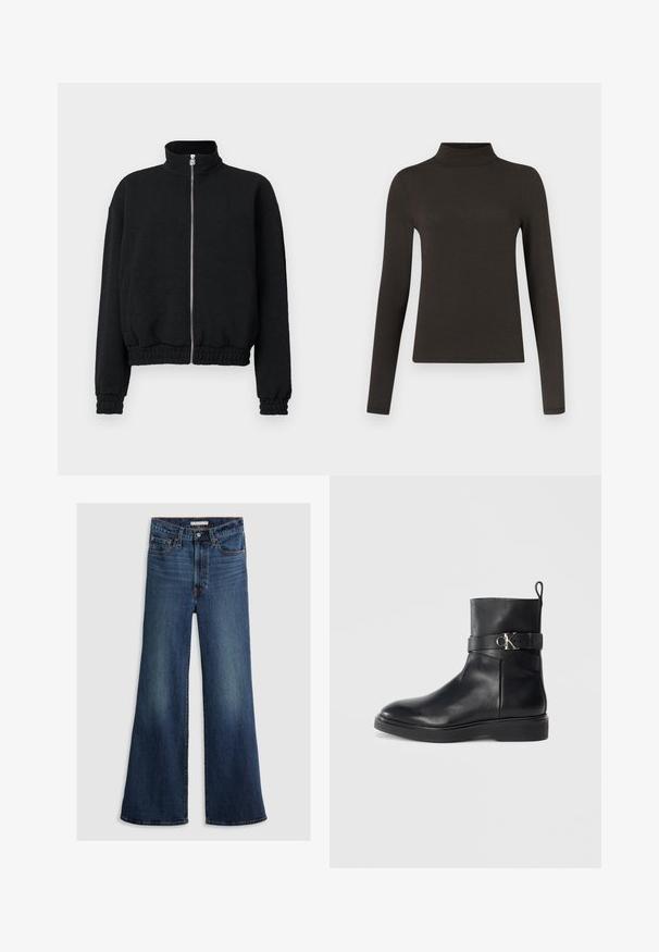 Schwarze Jacke mit Reißverschluss und hohem Kragen, gerippten Bündchen und Saum, mit strukturiertem Muster und silbernem Reißverschluss.; Langarm-Turtleneck-Oberteil in Dunkelbraun, aus weichem Stoff gefertigt, mit figurbetontem Schnitt und minimalistischem Design. Ohne Muster oder Verzierungen.; Weite Jeans aus dunkelblauem Denim mit hoher Taille, Fünf-Taschen-Design und kontrastierenden Nähten entlang der Nähte und des Bunds.; Schwarze Leder-Stiefelette mit flacher Sohle, ausgestattet mit einem seitlichen Riemen und silbernem CK-Logo-Detail. Glatte Textur und schlankes Design.