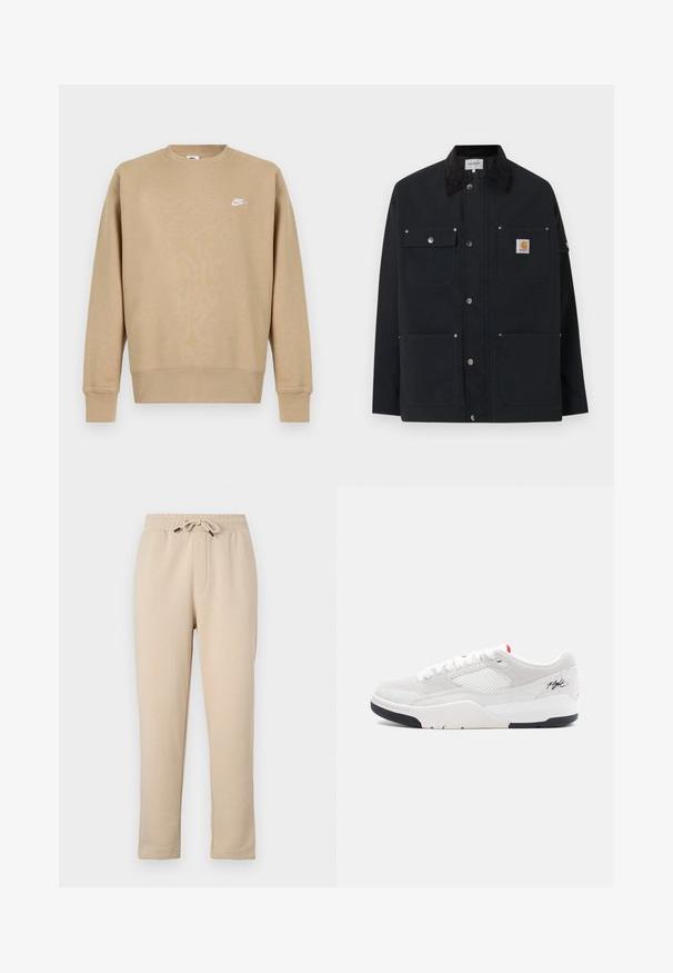 Schwarze Carhartt-Jacke mit vier Fronttaschen, Druckknopfverschluss und schwarzem Cordkragen, vor weißem Hintergrund präsentiert.; Beige Nike Sweatshirt mit Rundhalsausschnitt, langen Ärmeln und einem weißen Logo auf der Brust. Der Stoff wirkt weich mit einer glatten Textur.; Beige Jogginghose mit elastischem Bund, verstellbarem Kordelzug, zwei Seitentaschen und konischem Bein-Design. Weiche Textur, lässiger Stil.; Hellgraue Sneaker mit einem Obermaterial aus Wildleder, Mesh-Elementen, weißen Schnürsenkeln, einer schwarzen Gummisohle und dezentem Branding in der Nähe der Ferse.
