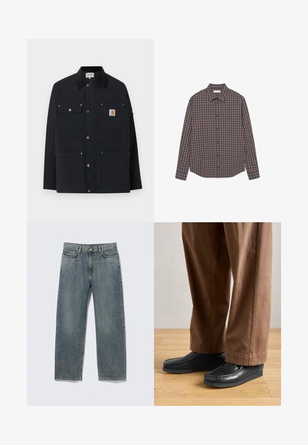 Musta Carhartt-takki, jossa neljä etutaskua, nepparikiinnitys ja musta korduroikareunus, esillä valkoista taustaa vasten.; Tummanruskea napitettava paita, jossa on ruutukuvio. Ominaisuuksiin kuuluu klassinen kaulus, pitkät hihat ja yksi rintatasku.; Siniset suorat farkut, joissa on etu- ja takataskut, vyölenkit ja nappikiinnitys, esillä valkoisella taustalla.; Mustat nahkakengät, joissa on mokkasinineule ja ommelyksityiskohdat, yhdistettynä ruskeisiin housuihin, puulattialla.