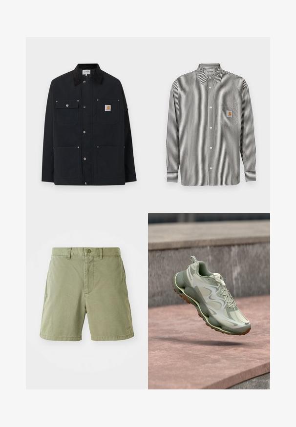 Čierna bunda Carhartt s oštyrmi prednými vreckami, zapínaním na cvoky a čiernym kordovým golierom, zobrazená na bielom pozadí.; Čierno-biela vertikálne pruhovaná košeľa s dlhým rukávom a golierom na zapínanie. Obsahuje náprsné vrecko s béžovým logom.; Khaki šortky vyrobené z jemnej bavlny s hladkou textúrou. Vybavené zapínaním na gombík, bočnými vreckami a malým logom na lemovaní.; Svetlozelená športová obuv s hrubou vystlanou podrážkou a detailmi z materiálu sieťoviny, vznášajúca sa nad kamennými schodmi v exteriéri.