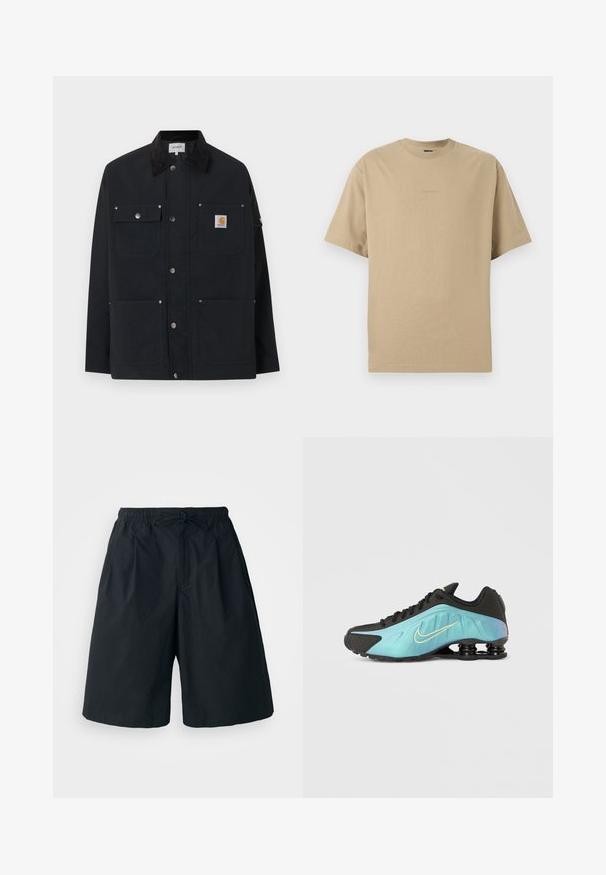 Μαύρο μπουφάν Carhartt με τέσσερις εξωτερικές τσέπες, κλείσιμο με κουμπιά τύπου snap και μαύρο γιακά από κορντουρό, παρουσιασμένο σε λευκό φόντο.; Μπεζ βαμβακερό μπλουζάκι με κοντά μανίκια, στρογγυλή λαιμόκοψη και διακριτική λογότυπη λεπτομέρεια μπροστά. Λείος υφασμάτινος τύπος, καθημερινός σχεδιασμός.; Μαύρο σορτς με ελαστική μέση και ρυθμιζόμενο κορδόνι. Φτιαγμένο από ομαλό ύφασμα, με χαλαρή εφαρμογή και χωρίς ορατά σχέδια.; Μαύρο αθλητικό παπούτσι με βαθμιαία μετάβαση σε τυρκουάζ χρώμα, με χρυσό λογότυπο, υφή επιφάνειας και ξεχωριστή επένδυση στο πέλμα.