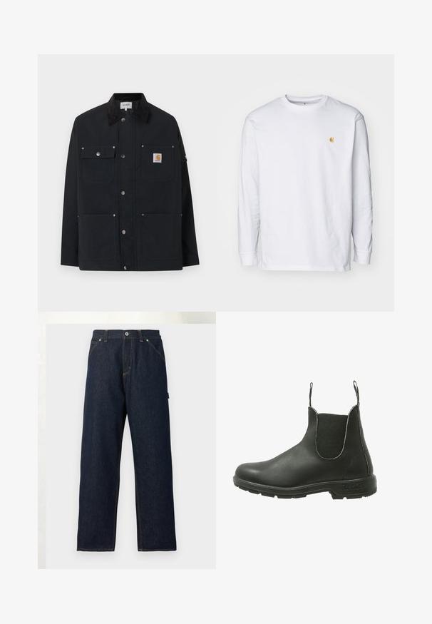 Schwarze Carhartt-Jacke mit vier Fronttaschen, Druckknopfverschluss und schwarzem Cordkragen, vor weißem Hintergrund präsentiert.; Weißes Langarm-T-Shirt aus Baumwolle. Mit kleinem goldenem Logo auf der Brust und Rundhalsausschnitt. Einfaches Design und normale Passform.; Dunkelblaue Jeans mit geradem Bein, Vorderentaschen, Gürtelschlaufen und Knopfverschluss in der Taille vor einfarbigem Hintergrund.; Schwarze Leder Chelsea-Boots mit elastischen seitlichen Einsätzen, runder Zehenpartie und strukturiertem Gummisohle, die für ein einfaches An- und Ausziehen konzipiert sind.