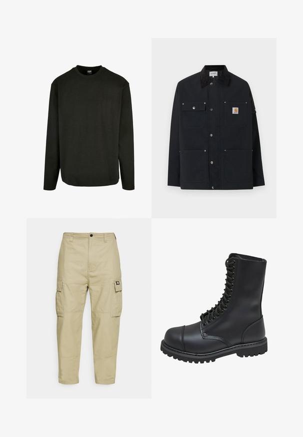 Musta Carhartt-takki, jossa neljä etutaskua, nepparikiinnitys ja musta korduroikareunus, esillä valkoista taustaa vasten.; Musta pitkähihaisen t-paita, joka on valmistettu puuvillasta. Siinä on pyöreä kaula-aukko ja suora helma. Minimalistinen muotoilu, jossa ei ole kuvioita tai korostuksia.; Kermanväriset cargo-housut, jotka on valmistettu kestävästä kankaasta. Housuissa on kaksi sivutaskua, napitus ja kapenevat lahkeet, joissa on sileä pinta.; Musta nahkasaapas korkealla varrella, nauhakiinnityksellä, pehmustetulla kauluksella ja karhealla teksturoidulla pohjalla pitävyyttä varten. Varustettu vahvistetulla kärjellä.