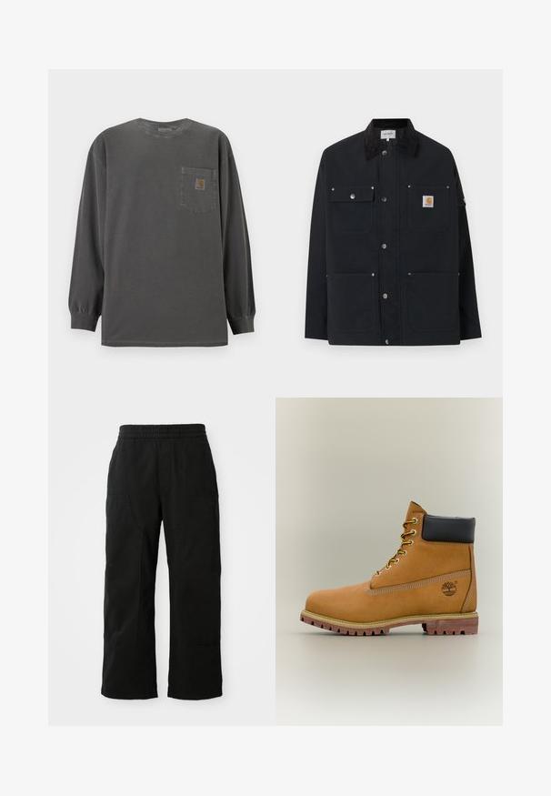 Μαύρο μπουφάν Carhartt με τέσσερις εξωτερικές τσέπες, κλείσιμο με κουμπιά τύπου snap και μαύρο γιακά από κορντουρό, παρουσιασμένο σε λευκό φόντο.; Μακρυμάνικη μπλούζα σκούρου γκρι με στρογγυλή λαιμόκοψη και τσέπη στο στήθος με μικρό λογότυπο Carhartt στην τσέπη.; Μαύρο βαμβακερό παντελόνι με ελαστική μέση, σχεδίαση φαρδιών ποδιών και μεγάλα πλαϊνά τσέπες. Ο ιστός φαίνεται μαλακός με λεία υφή.; Καφέ δερμάτινο μποτάκι αστραγάλου με μαύρο γιακά, κίτρινα κορδόνια και ταμπά σόλα. Διαθέτει λογότυπο και λευκή ραφή για λεπτομέρεια. Ανθεκτική εξωτερική σόλα με τραχύ πέλμα.