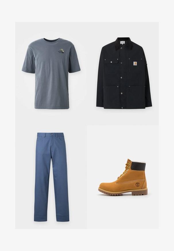 Schwarze Carhartt-Jacke mit vier Fronttaschen, Druckknopfverschluss und schwarzem Cordkragen, vor weißem Hintergrund präsentiert.; Graues Kurzarm-T-Shirt aus Baumwolle, mit einem kleinen gestickten Logo und floralem Design im linken Brustbereich.; Blaue Baumwollhose mit geradem Bein, vorne mit Knopfleiste und fünf Taschen. Glatte Textur, keine sichtbaren Muster.; Braune Leder-Ankle-Boots mit Metallösen, weißem Kunstfellfutter, schwarzem gepolstertem Kragen, robustem Sohlenprofil und geprägtem Logo an der Seite.