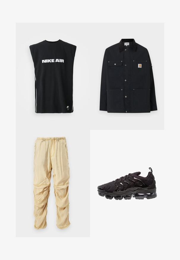 Musta Carhartt-takki, jossa neljä etutaskua, nepparikiinnitys ja musta korduroikareunus, esillä valkoista taustaa vasten.; Musta ilmanhiha Nike Air paita, jossa valkoinen logo keskitettynä rinnassa ja pieni musta Nike Air -tagi lähellä alahelmaa.; Vaaleanbeige nylon cargo-housut, joissa on säädettävät kiristysnyörit vyötäröllä ja vetoketjulliset taskut, suunniteltu rypytettyjen, kerroksellisten kangasten yksityiskohdilla.; Mustat urheilukengät, joissa on teksturoitu kangasosa, kiiltävät yksityiskohdat ja erottuva ilmatäytteinen pohja. Ominaisuuksina on selkeä aaltoileva muotoilu.