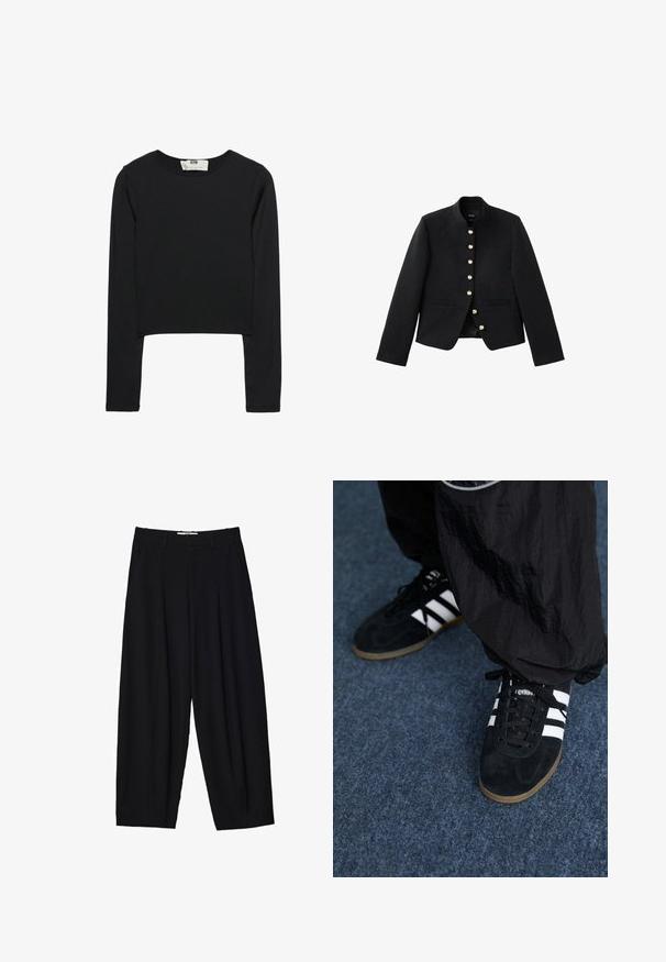 Čierny upravený blejzer so siedmimi zlatými gombíkmi na prednej strane a dvoma vodorovnými štrbinovými vreckami, s stojacím golierom.; Čierny crop top s dlhým rukávom vyrobený z ľahkej látky, s okrúhlym výstrihom a priliehavým strihom, s čistými švami a bez ozdôb.; Čierne nohavice širokého strihu z ľahkej textílie, s prednými skladmi, klasickým pásom a bočnými vreckami. Hladká textúra.; Čierne roháčiky z semišu so tromi bielymi pruhmi a čiernymi šnúrkami. Texturované čierne nohavice sú čiastočne viditeľné vedľa topánok.