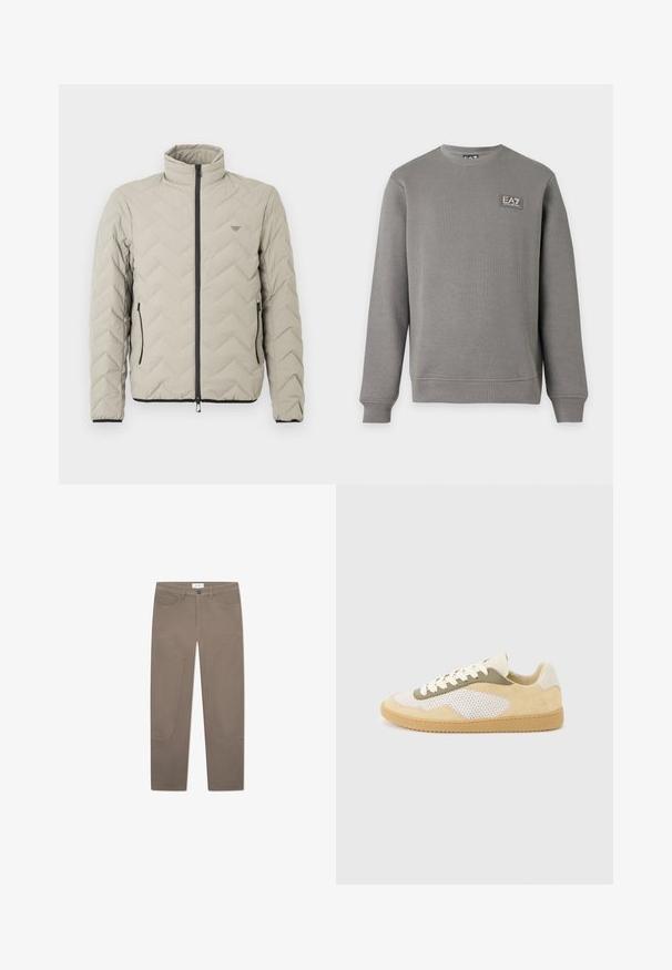 Lys grå quiltet jakke med høj krave, lynlås foran, to sidelommer og sorte accenter omkring lynlåsen og i kanten.; Grå langærmet sweatshirt med rund hals, ribkanter ved ærmer og kant, med et lille EA7 Emporio Armani logo patch på øverste venstre bryst.; Brune bukser med lige snit, der har forlommer og accentuerende syninger langs siderne for ekstra detaljer og tekstur.; Lav-top sneaker med beige ruskind, hvide meshpaneler, olivengrønne detaljer, hvide snørebånd og gummisål i karamelfarve på en lysegrå baggrund.