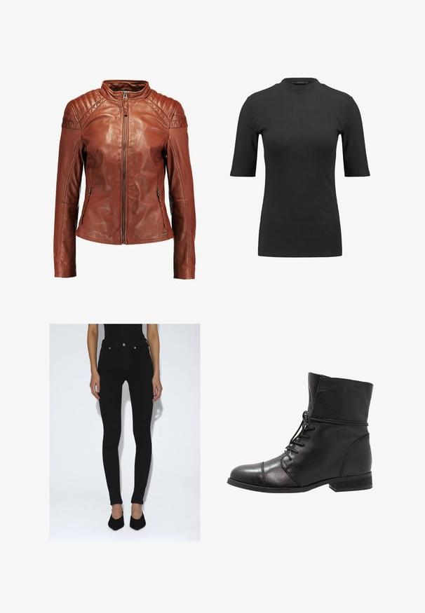 Braune Lederjacke mit einem gequilteten Schulterdesign, taillierter Silhouette, Reißverschluss und zwei seitlichen Taschen. Glatte Textur, klassischer Stil.; Schwarzes geripptes T-Shirt mit hohem Hals und kurzen Ärmeln. Glattes, figurbetontes Design ohne Muster oder sichtbare Hardware-Details.; Person trägt schwarze Skinny-Jeans mit hoher Taille und schwarze spitze Pumps, steht vor einem schlichten weißen Hintergrund.; Schwarze Leder-Boots mit runder Spitze, Schnürung vorne und niedrigem Blockabsatz. Glatte Textur mit Steppnähten und umgeschlagenem Kragen.