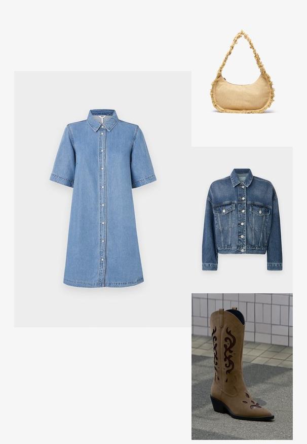 Denimjack die een klassieke snit heeft, lichtblauwe kleur, twee borstzakken, zilveren knopen en contrasterend stiksels op de naden.; Denim jurkje, lichtblauw, korte mouwen, kraag, knopen aan de voorkant, knie-lang, stikdetails op de mouwen, casual pasvorm.; Beige suède cowboylaars met donkerbruine decoratieve uitsneden en stiksels, staand op het trottoir voor een betegelde muur.; Geverfde beige tas met een ronde vorm, rafelige rand langs de randen en een korte schouderband. Ritsopening aan de bovenkant.