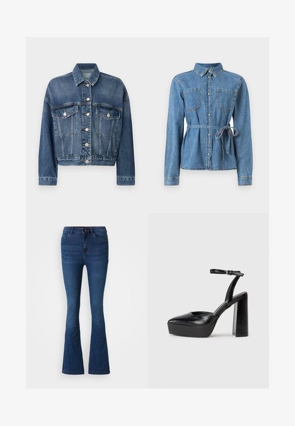 Chaqueta de mezclilla con corte clásico, color azul claro, dos bolsillos en el pecho, botones plateados y costuras en contraste.; Camisa de denim en azul claro con mangas largas, cierre de botones en la parte frontal, dos bolsillos en el pecho y cintura con cinturón para un ajuste ajustable.; Jeans de mezclilla de campana en azul oscuro con bolsillos delanteros y traseros, cierre de botón y cremallera, y detalles desgastados en los muslos y las rodillas.; Zapatos de tacón negro con punta afilada y correa ajustable en el tobillo. Confeccionados en cuero suave, presentan un tacón grueso.