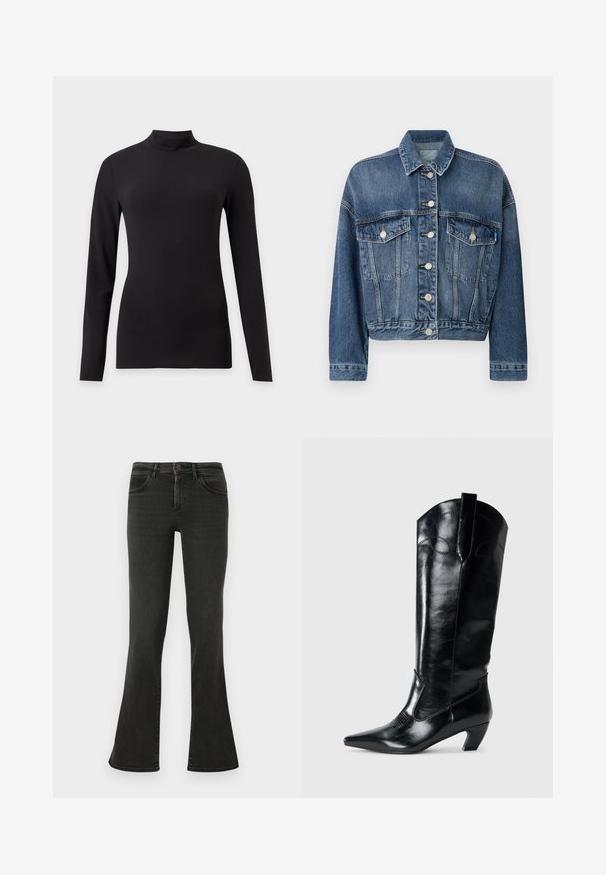 Jeansjacke mit klassischem Schnitt, hellblauer Farbe, zwei Brusttaschen, silbernen Knöpfen und kontrastierenden Nähten.; Schwarzes, enganliegendes Langarmshirt mit Stehkragen, gezeigt vor einfachem hellgrauem Hintergrund.; Schwarze, ausgestellte Jeans aus Denim. Mit hoher Taille, Fronttaschen und minimalistischem Design. Die Nähte sind entlang der Säume sichtbar.; Schwarze kniehohe Stiefel aus Leder mit spitzem Zeh, niedrigem Absatz und dekorativen Nähten an den Seiten. Glatte, glänzende Oberfläche.