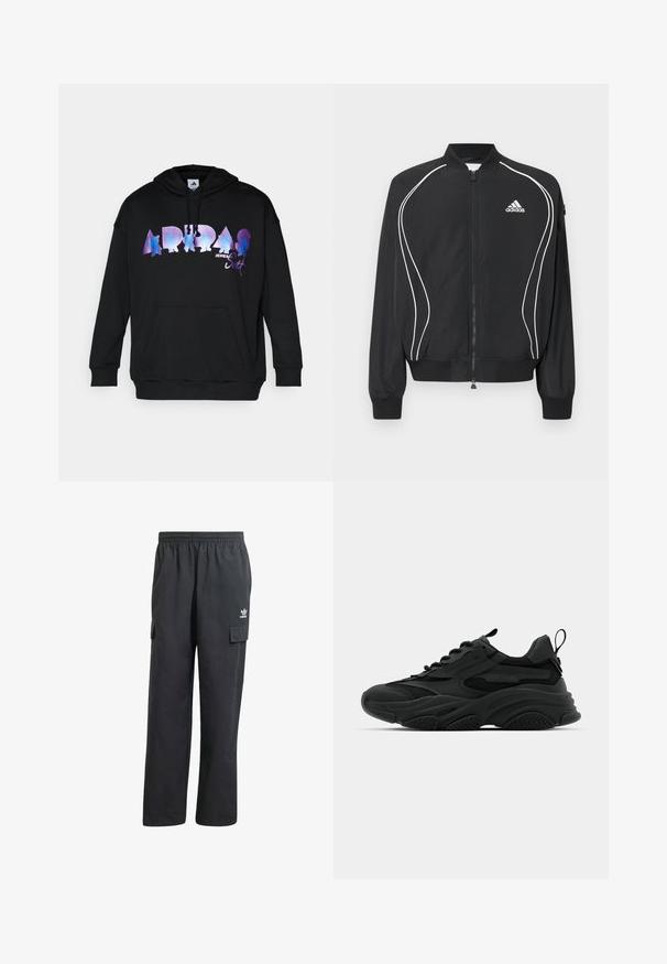 Μαύρο φούτερ Adidas με φερμουάρ, λευκές καμπυλωτές ρίγες, ριμπ στο κολάρο και τις μανσέτες, και λογότυπο Adidas στο αριστερό στήθος.; Μαύρη μπλούζα με κουκούλα που διαθέτει ένα μεγάλο, πολύχρωμο γραμμικό λογότυπο "ADIDAS" με σχέδιο του Jeremy Scott, καγκουρό τσέπη και κουκούλα με κορδόνια.; Μαύρο Cargo παντελόνι με ελαστική μέση, δύο πλαϊνές τσέπες και μια διακριτική λογότυπο στον αριστερό μηρό. Φτιαγμένο από ελαφρύ ύφασμα.; Μαύρα αθλητικά sneakers με χοντρή σόλα, διχτυωτές επιφάνειες και ελαστικές λεπτομέρειες. Διαθέτουν υποδοχή στην φτέρνα και υφές.