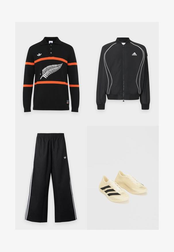 Μαύρο φούτερ Adidas με φερμουάρ, λευκές καμπυλωτές ρίγες, ριμπ στο κολάρο και τις μανσέτες, και λογότυπο Adidas στο αριστερό στήθος.; Μαύρο μακρυμάνικο πόλο με πορτοκαλί ρίγες, με σχέδιο λευκού φτέρη και τρία κουμπιά στο μπροστινό μέρος. Περιλαμβάνει κεντητό λογότυπο στο στήθος.; Μαύρο παντελόνι αθλητικό με φαρδιά παντελόνα, ελαστική μέση, λευκές πλαϊνές ρίγες και μικρό λογότυπο Adidas trefoil στο δεξί ισχίο.; Αθλητικά παπούτσια ανοιχτού μπεζ χρώματος με μαύρες ρίγες, κλείσιμο με κορδόνια και υφασμενo κυματιστό σχέδιο σε λευκό φόντο.