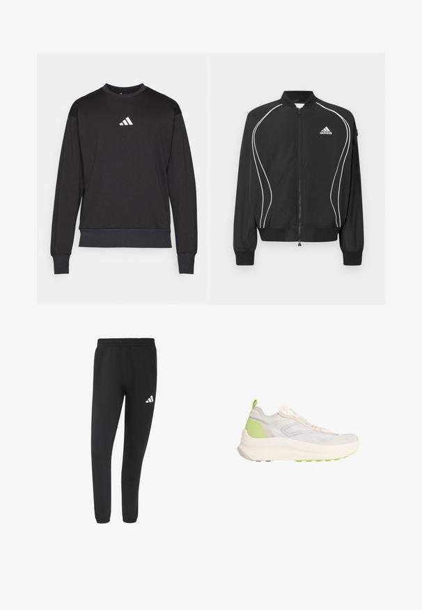 Zwarte Adidas-jas met ritssluiting, witte gebogen bies, geribbelde kraag en manchetten, en het Adidas-logo op de linkerborst.; Zwarte sweatshirt met lange mouwen, geribbelde manchetten en zoom; voorzien van een wit Adidas-logo op de borst, gemaakt van zachte, gestructureerde stof.; Zwarte atletische joggerbroek met elastische tailleband en boorden, met een klein wit Adidas-logo op de rechterdij.; Licht beige en groene sportschoen met dikke zool, mesh bovenwerk, trekkoordje bij de hiel en subtiele branding op het teenstuk.