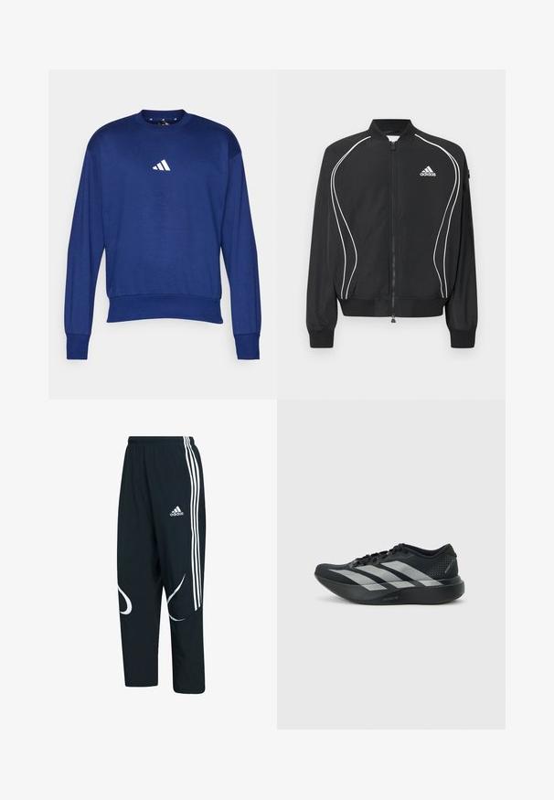 Čierna Adidas bunda na zips s bielym zakriveným lemovaním, rebrovaným golierom a manžetami a logom Adidas na ľavej strane hrudníka.; Modrá dlhá mikina s dlhým rukávom vyrobená z mäkkej látky. Obsahuje okrúhly výstrih a biele logo Adidas na hrudníku. Ribované manžety a lem.; Čierne tepláky s bielymi pruhmi a logom, s voľným strihom, elastickým opaskom a zakrivenými bielymi vzormi na stranách.; Čierna bežecká bota s hrubou podrážkou a tromi striebornými pruhmi na boku, navrhnutá pre ľahký výkon a rýchlosť.