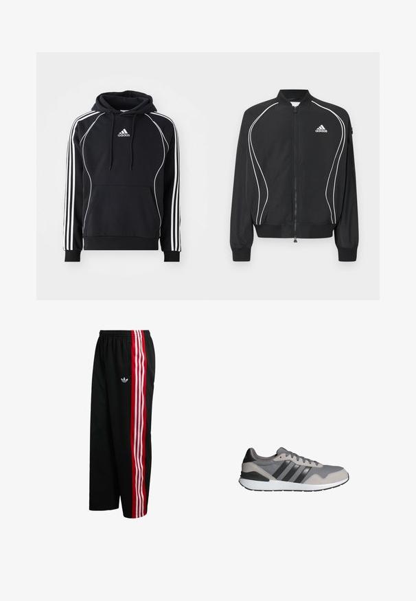 Zwarte Adidas-jas met ritssluiting, witte gebogen bies, geribbelde kraag en manchetten, en het Adidas-logo op de linkerborst.; Zwarte Adidas hoodie met witte strepen op de mouwen, witte piping aan de voorkant, een voorvak en een capuchon met trektouw.; Zwarte meshbroek met een brede pasvorm, rode en witte gestreepte zijpanelen, en een klein wit logo aan de linkerkant. Elastische tailleband.; Grijze en zwarte Adidas sneaker met een bovenwerk van mesh en suède, een witte zool en drie zwarte strepen langs de zijkant.