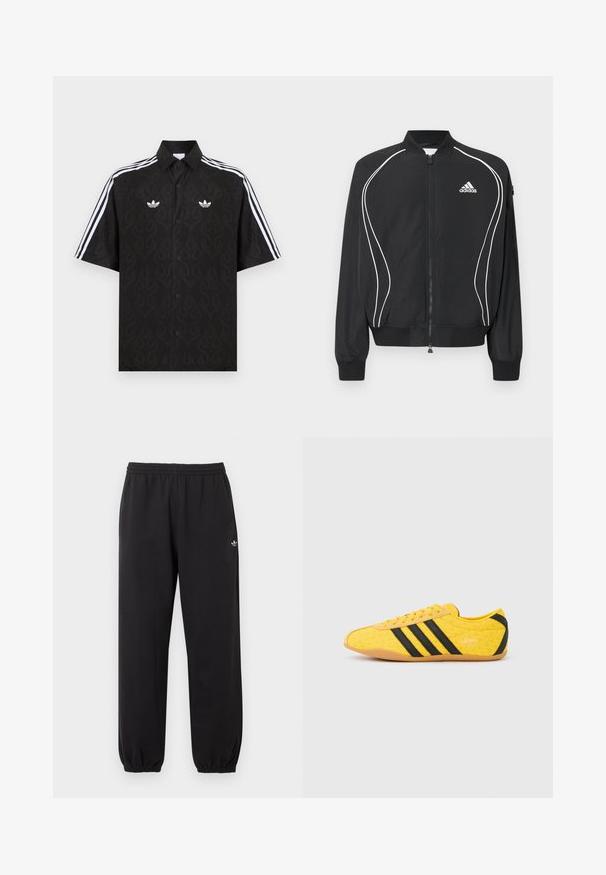 Μαύρο φούτερ Adidas με φερμουάρ, λευκές καμπυλωτές ρίγες, ριμπ στο κολάρο και τις μανσέτες, και λογότυπο Adidas στο αριστερό στήθος.; Μαύρο πουκάμισο με κοντό μανίκι και κουμπιά, με διακριτικό μοτίβο φλόγας, λευκά λογότυπα Adidas trefoil στο στήθος και λευκές τριπλές ρίγες στα μανίκια.; Μαύρο παντελόνι φόρμας Adidas με ελαστική μέση και μανσέτες, με μικρό λευκό λογότυπο trefoil της Adidas στο πάνω αριστερό πόδι.; Κίτρινο αθλητικό παπούτσι με υφή στο επάνω μέρος, με μαύρες ρίγες και λογότυπο. Στρογγυλεμένη μύτη, μαλακή σόλα και ζιγκ-ζαγκ σχέδιο στο υλικό.