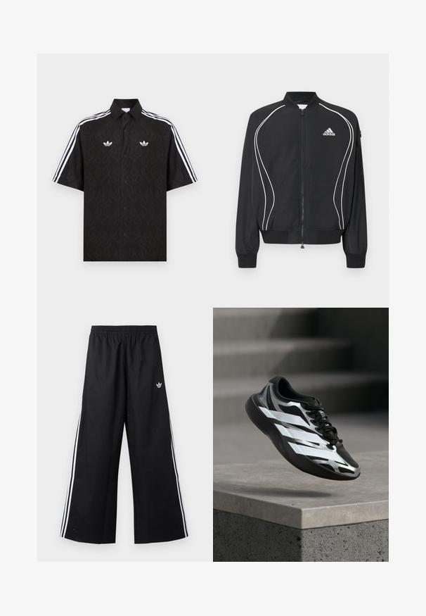 Μαύρο φούτερ Adidas με φερμουάρ, λευκές καμπυλωτές ρίγες, ριμπ στο κολάρο και τις μανσέτες, και λογότυπο Adidas στο αριστερό στήθος.; Μαύρο πουκάμισο με κοντό μανίκι και κουμπιά, με διακριτικό μοτίβο φλόγας, λευκά λογότυπα Adidas trefoil στο στήθος και λευκές τριπλές ρίγες στα μανίκια.; Μαύρο παντελόνι αθλητικό με φαρδιά παντελόνα, ελαστική μέση, λευκές πλαϊνές ρίγες και μικρό λογότυπο Adidas trefoil στο δεξί ισχίο.; Μαύρο και ασημί αθλητικό παπούτσι με λευκές ρίγες στον αέρα πάνω από ένα τσιμεντένιο τελείωμα, τα σκαλοπάτια της σκάλας είναι θολά στο φόντο.
