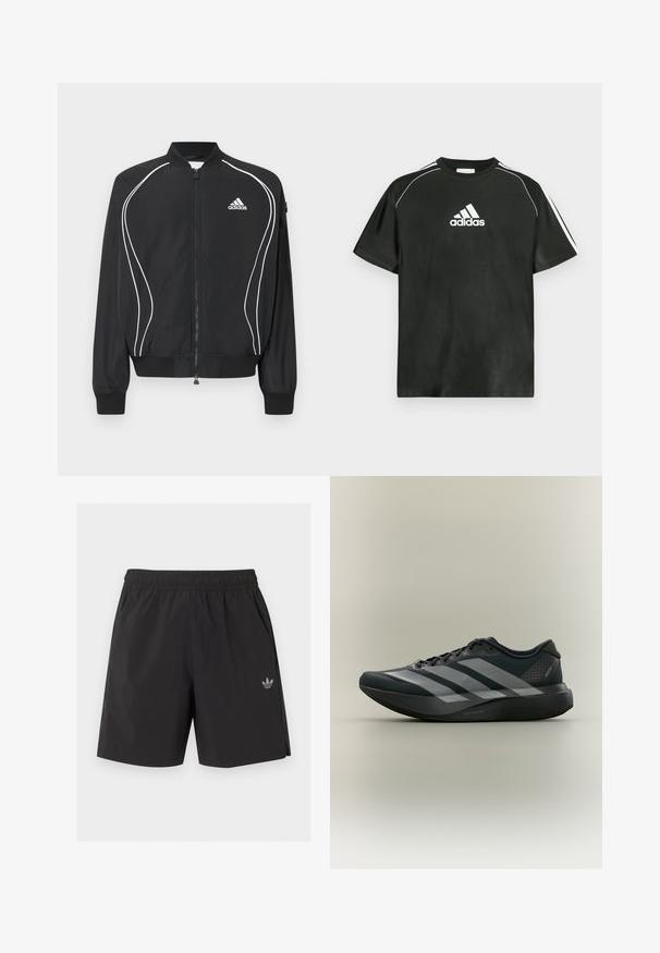 Veste zippée Adidas noire avec des passepoils blancs incurvés, col et poignets côtelés, et logo Adidas sur le côté gauche de la poitrine.; T-shirt noir à manches courtes avec logo Adidas blanc sur la poitrine et bandes blanches sur les épaules. Confectionné en tissu lisse, coupe décontractée.; Short de sport noir à taille élastique avec poches latérales et petit logo Adidas sur la jambe gauche.; Chaussure de course noire avec trois bandes grises sur le côté et une semelle épaisse et rembourrée, montrée de profil sur un fond uni.