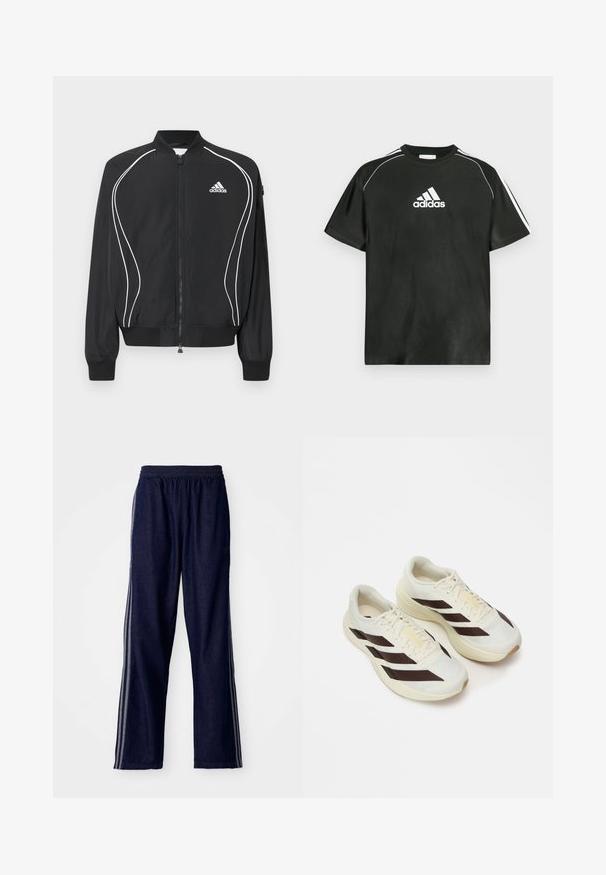 Čierna Adidas bunda na zips s bielym zakriveným lemovaním, rebrovaným golierom a manžetami a logom Adidas na ľavej strane hrudníka.; Čierne tričko s krátkym rukávom s bielym logom Adidas na hrudi a bielymi pruhmi na ramenách. Vyrobené z hladkej tkaniny, voľný strih.; Námornícke modré športové nohavice s elastickým pásom, s tromi bielymi bočnými pruhmi a rovným strihom. Mäkká denimová textúra.; Svetlé krémové bežecké tenisky s tmavohnedými diagonálnymi pruhmi, textúrovaný vrch z sieťoviny a polstrovanú podrážku. Obsahujú žltú značku "ADIZERO".