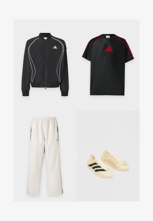 Sort Adidas lynlåsjakke med hvide buede striber, ribbet krave og manchetter samt Adidas-logo på venstre bryst.; Sort atletisk t-shirt med røde detaljer og logo. Fremstillet af glat, let stof. Har rund hals og korte ærmer.; Lys beige træningsbukser med elastik i livet, sidelommer, sorte sidelange striber og et Adidas-logo på venstre lår. Glat stoftekstur.; Lyse beige atletiksko med sorte striber, snørelukning og tekstureret bølgemønster på hvid baggrund.