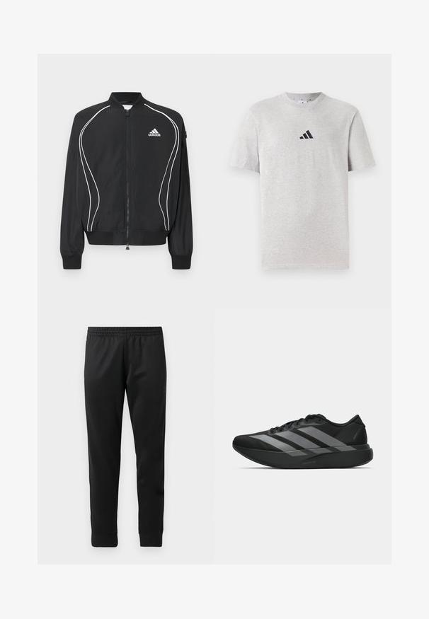 Zwarte Adidas-jas met ritssluiting, witte gebogen bies, geribbelde kraag en manchetten, en het Adidas-logo op de linkerborst.; Grijze katoenen t-shirt met korte mouwen, ronde hals, voorzien van een klein zwart logo met drie strepen op de bovenste linkerborst.; Zwarte sportbroek van gladde stof, met een elastische tailleband, taps toelopende pijpen en ribgebreide manchetten bij de enkels.; Zwarte sportieve schoenen met een lichtgewicht ontwerp, voorzien van drie opvallende grijze strepen, een gladde textuur en een gevormde zool.