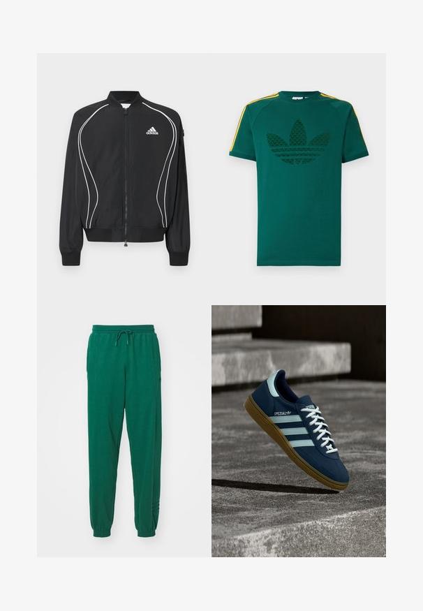Chaqueta negra con cremallera de Adidas, con ribetes curvos blancos, cuello y puños acanalados, y logo de Adidas en el pecho izquierdo.; Camiseta verde de manga corta con el logo de trébol de Adidas en color verde oscuro y franjas amarillas en los hombros sobre un fondo blanco.; Joggers de algodón verdes con cintura ajustable, puños elásticos y bolsillos laterales. La tela parece suave con una textura lisa.; Zapatilla azul Adidas Spezial con rayas y cordones blancos, suela de goma, flotando sobre una superficie de hormigón rugosa y escaleras de fondo.