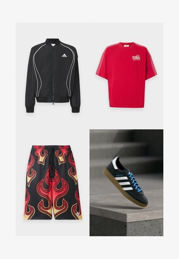 Veste zippée Adidas noire avec des passepoils blancs incurvés, col et poignets côtelés, et logo Adidas sur le côté gauche de la poitrine.; T-shirt rouge à manches courtes Adidas avec logo blanc et graphique de football sur le côté gauche de la poitrine, ainsi que trois bandes blanches le long de chaque manche.; Shorts en mesh noir avec des motifs de flammes rouges, orange et jaunes et un petit logo blanc près de l'ourlet inférieur sur la jambe droite.; Baskets Adidas noires avec des rayures blanches, des lacets bleus et une semelle en gomme flottant au-dessus d'une marche en béton grise sous une lumière douce.