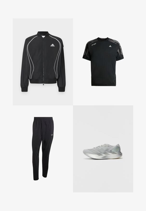 Sort Adidas lynlåsjakke med hvide buede striber, ribbet krave og manchetter samt Adidas-logo på venstre bryst.; Sort atletisk T-shirt lavet af letvægtsstof, med mesh skulderpaneler, korte ærmer og hvide adidas og F50 logoer.; Sorte atletikbukser lavet af letvægtsmateriale med elastisk taljebånd og et lille præget logo på det øverste venstre benområde.; Letvægts grå atletiksko med et slankt design, der har en tekstureret overflade, tre diagonale striber og en reflekterende sølvsål.