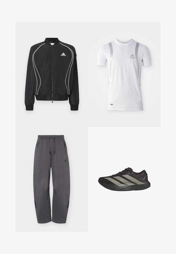 Μαύρο φούτερ Adidas με φερμουάρ, λευκές καμπυλωτές ρίγες, ριμπ στο κολάρο και τις μανσέτες, και λογότυπο Adidas στο αριστερό στήθος.; Λευκό αθλητικό μπλουζάκι κοντομάνικο με ασημένιες λεπτομέρειες, διαθέτει στρογγυλή λαιμόκοψη και λογότυπο Adidas στο στήθος. Κατασκευασμένο από ύφασμα απορροφητικό της υγρασίας.; Σκούρο γκρι αθλητικό παντελόνι με φαρδιά πόδια, ελαστική μέση, κορδόνια, πλαϊνές τσέπες με φερμουάρ και διακριτικό λογότυπο στη αριστερή μηρό.; Μαύρο αθλητικό παπούτσι με τρεις γκρίζες ρίγες, κομψό σχέδιο, υφή στην επάνω πλευρά και σόλα light strike pro.