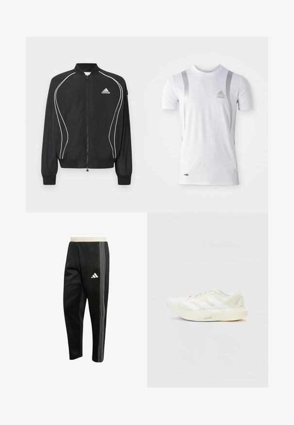 Sort Adidas lynlåsjakke med hvide buede striber, ribbet krave og manchetter samt Adidas-logo på venstre bryst.; Hvid kortærmet træningsskjorte med sølvdetaljer, med rund hals og et Adidas-logo på brystet. Lavet af fugttransporterende materiale.; Sort atletikbukser med hvide tredobbelte striber ned langs siden, lynlåslomme og et hvidt Adidas-logo på låret.; Hvid atletiksko med mesh-overdel, prydet med tre hvide striber, rund tå og en lys sål mærket "LIGHTSTRIKE PRO."