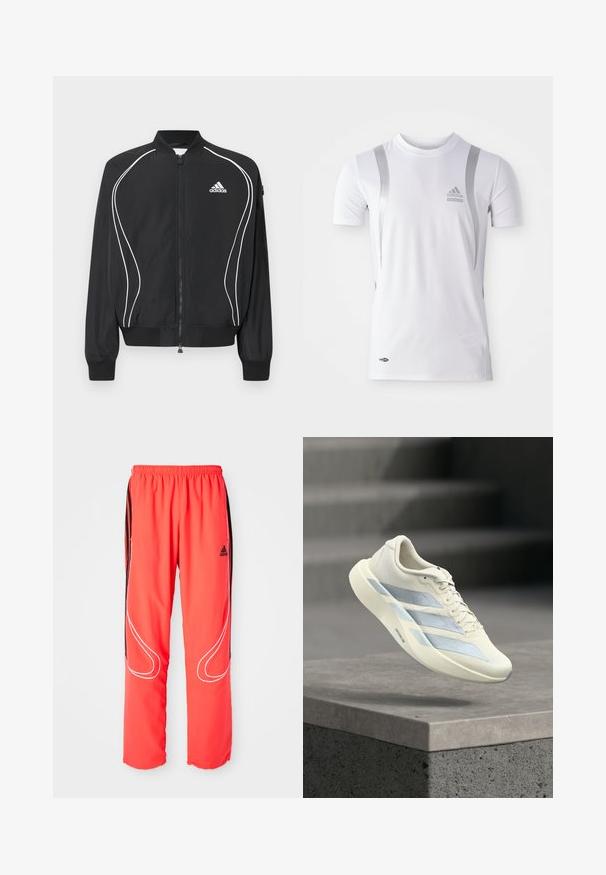 Μαύρο φούτερ Adidas με φερμουάρ, λευκές καμπυλωτές ρίγες, ριμπ στο κολάρο και τις μανσέτες, και λογότυπο Adidas στο αριστερό στήθος.; Λευκό αθλητικό μπλουζάκι κοντομάνικο με ασημένιες λεπτομέρειες, διαθέτει στρογγυλή λαιμόκοψη και λογότυπο Adidas στο στήθος. Κατασκευασμένο από ύφασμα απορροφητικό της υγρασίας.; Κόκκινες αθλητικές παντελόνες με άνετη εφαρμογή, ελαστική μέση, μαύρες λωρίδες στο πλάι και λευκή λεπτομέρεια κατά μήκος των ποδιών. Λογότυπο Adidas στο γοφό.; Λευκός αθλητικός παπούτσι με ανοιχτό μπλε ρίγες αιωρείται πάνω από μια τσιμεντένια άκρη και γκρίζες σκάλες στο φόντο.