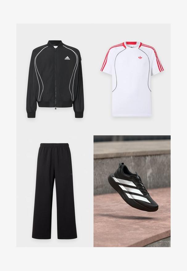 Μαύρο φούτερ Adidas με φερμουάρ, λευκές καμπυλωτές ρίγες, ριμπ στο κολάρο και τις μανσέτες, και λογότυπο Adidas στο αριστερό στήθος.; Λευκό κοντομάνικο αθλητικό μπλουζάκι με κόκκινες ρίγες στους ώμους και στα μανίκια, μαύρες λεπτομέρειες στο μπροστινό μέρος και κόκκινο λογότυπο Adidas trefoil στο στήθος.; Μαύρο παντελόνι με φαρδύ πόδι, με ελαστική μέση και διακριτικό μικρό λογότυπο στο επάνω αριστερό μηρό, παρουσιάζεται σε απλό λευκό φόντο.; Μαύρο αθλητικό παπούτσι με λευκό σχέδιο τριών ραβδώσεων, μαύρα κορδόνια και παχιά σόλα, κρεμασμένο πάνω από μια πέτρινη επιφάνεια σε εξωτερικό χώρο.