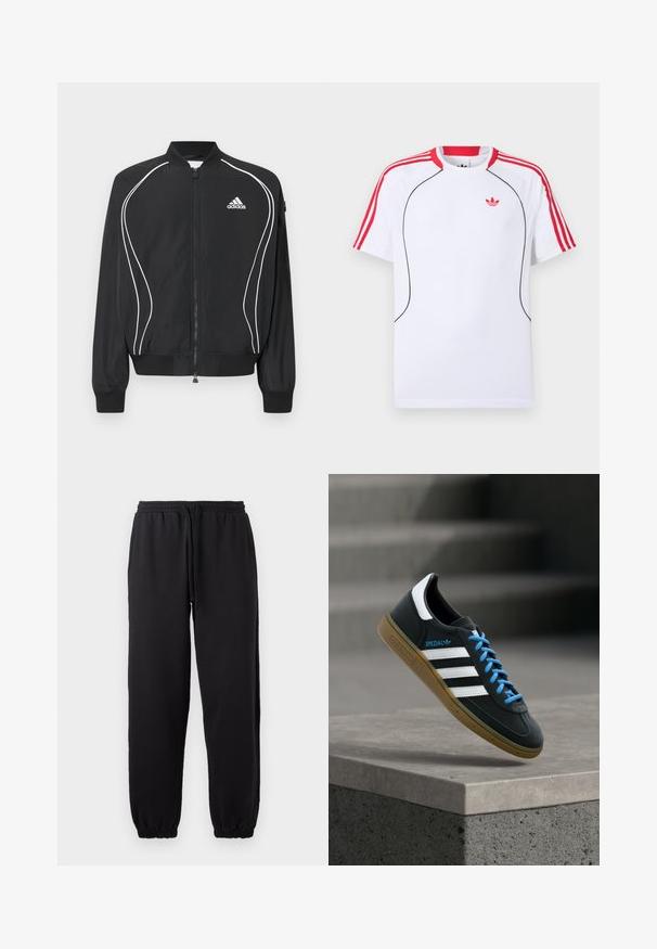 Sort Adidas lynlåsjakke med hvide buede striber, ribbet krave og manchetter samt Adidas-logo på venstre bryst.; Hvid kortærmet sportstrøje med røde striber på skuldre og ærmer, sort piping foran og rødt Adidas trefoil-logo på brystet.; Sorte joggingbukser lavet af blødt stof, med elastisk talje og justerbar snor, samt manchetter ved bunden.; Sort Adidas sneaker med hvide striber, blå snørebånd og gummisål, der svæver over gråt betontrin i blødt lys.