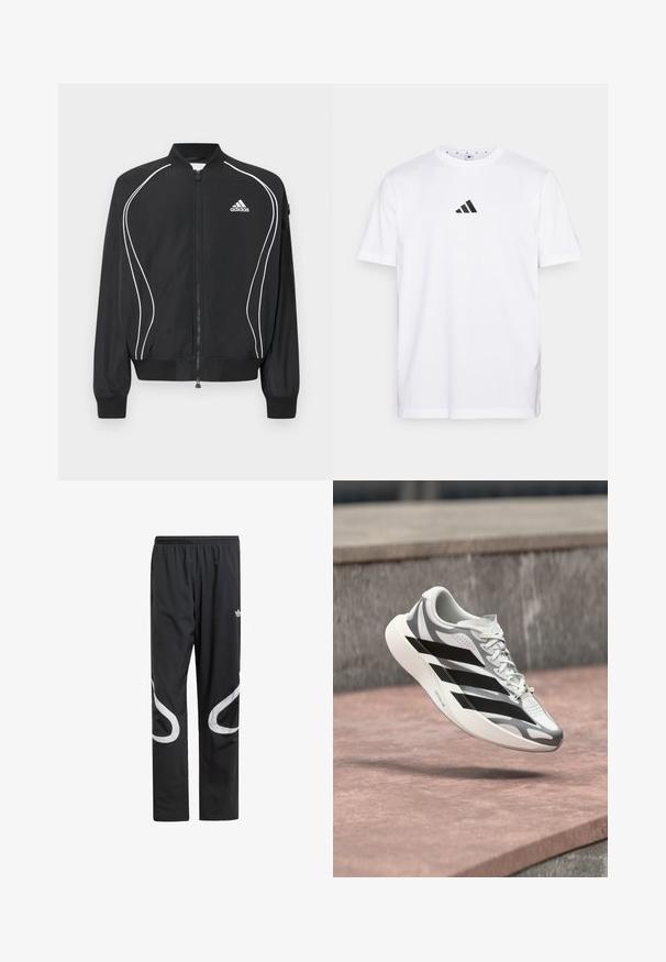 Sort Adidas lynlåsjakke med hvide buede striber, ribbet krave og manchetter samt Adidas-logo på venstre bryst.; Hvid bomulds T-shirt med et lille sort trekantet logo på brystet, korte ærmer og rund halsudskæring. Enkel og klassisk design.; Sorte træningsbukser med elastisk talje, der har store hvide buede detaljer på siderne og et lille logo på den øverste lår.; Hvid og grå løbesko med sorte striber, svævende over en lyserødlig betonoverflade nær en grå stenmur.