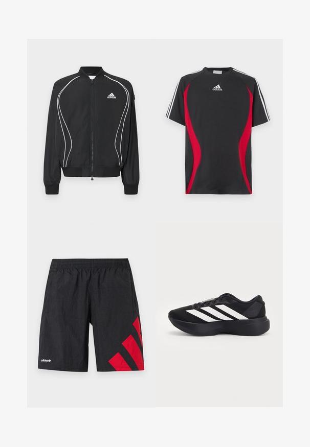 Veste zippée Adidas noire avec des passepoils blancs incurvés, col et poignets côtelés, et logo Adidas sur le côté gauche de la poitrine.; T-shirt noir à manches courtes avec accents rouges sur les côtés, logo Adidas blanc sur la poitrine et bandes blanches sur les épaules. Confectionné dans un tissu lisse.; Shorts de sport noirs avec des bandes diagonales rouges sur le côté gauche, taille élastique, fabriqués en tissu léger et texturé. Logo Adidas affiché.; Chaussure de running noire avec une semelle épaisse et trois bandes diagonales blanches sur le côté, vue de l'extérieur.