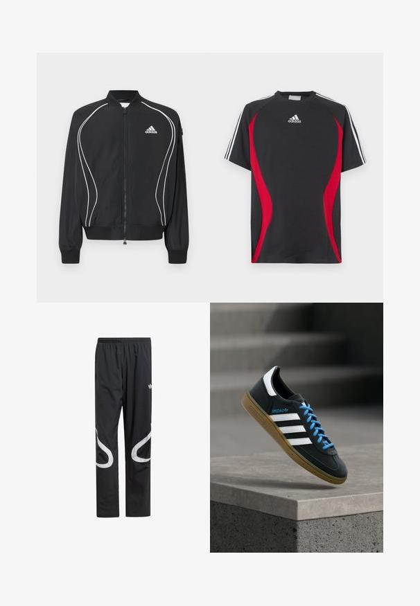 Sort Adidas lynlåsjakke med hvide buede striber, ribbet krave og manchetter samt Adidas-logo på venstre bryst.; Sort kortærmet T-shirt med røde sideakcenter, hvid Adidas-logo på brystet og hvide skulderstriber. Fremstillet af et glat stof.; Sorte træningsbukser med elastisk talje, der har store hvide buede detaljer på siderne og et lille logo på den øverste lår.; Sort Adidas sneaker med hvide striber, blå snørebånd og gummisål, der svæver over gråt betontrin i blødt lys.