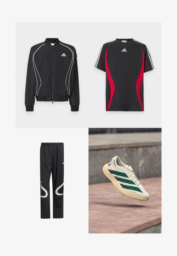 Schwarze Adidas Jacke mit Reißverschluss, weißer geschwungener Paspelierung, geripptem Kragen und Bündchen sowie Adidas-Logo auf der linken Brust.; Schwarzes kurzärmeliges T-Shirt mit roten Seiteneinsätzen, weißem Adidas-Logo auf der Brust und weißen Schulterstreifen. Hergestellt aus einem glatten Stoff.; Schwarze Sporthosen mit einem elastischen Bund, die große weiße geschwungene Akzente an den Seiten und ein kleines Logo an der Oberschenkeloberseite aufweisen.; Weißer Sportschuh mit grünen und blauen Streifen, der über einer Steinoberfläche und einem grauen Steinmauer-Hintergrund schwebt.