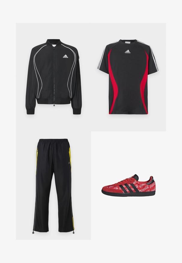 Sort Adidas lynlåsjakke med hvide buede striber, ribbet krave og manchetter samt Adidas-logo på venstre bryst.; Sort kortærmet T-shirt med røde sideakcenter, hvid Adidas-logo på brystet og hvide skulderstriber. Fremstillet af et glat stof.; Sorte træningsbukser med gule sideaccenter, elastisk talje og lynlåslommer på siden. Fremstillet af let og glat stof.; Rød Adidas sneaker med sorte striber og sål, med hvide Coca-Cola logoer over hele den stof øverste del.