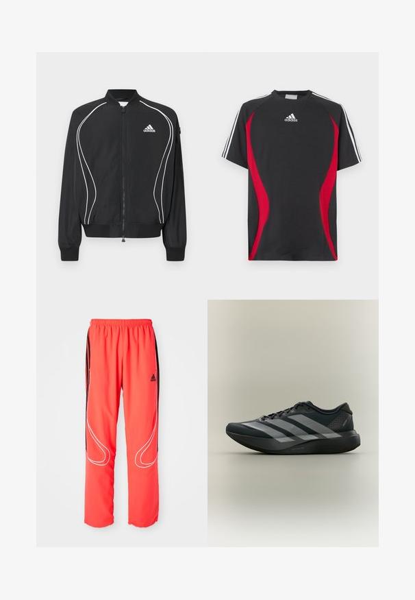 Μαύρο φούτερ Adidas με φερμουάρ, λευκές καμπυλωτές ρίγες, ριμπ στο κολάρο και τις μανσέτες, και λογότυπο Adidas στο αριστερό στήθος.; Μαύρη κοντομάνικη μπλούζα με κόκκινες πλάγιες λεπτομέρειες, λευκό λογότυπο Adidas στο στήθος και λευκές ρίγες στους ώμους. Κατασκευασμένη από λείο ύφασμα.; Κόκκινες αθλητικές παντελόνες με άνετη εφαρμογή, ελαστική μέση, μαύρες λωρίδες στο πλάι και λευκή λεπτομέρεια κατά μήκος των ποδιών. Λογότυπο Adidas στο γοφό.; Μαύρο αθλητικό παπούτσι με τρεις γκρι ρίγες στο πλάι και χοντρή μαξιλαρωμένη σόλα, εμφανιζόμενο πλαγίως σε απλό φόντο.