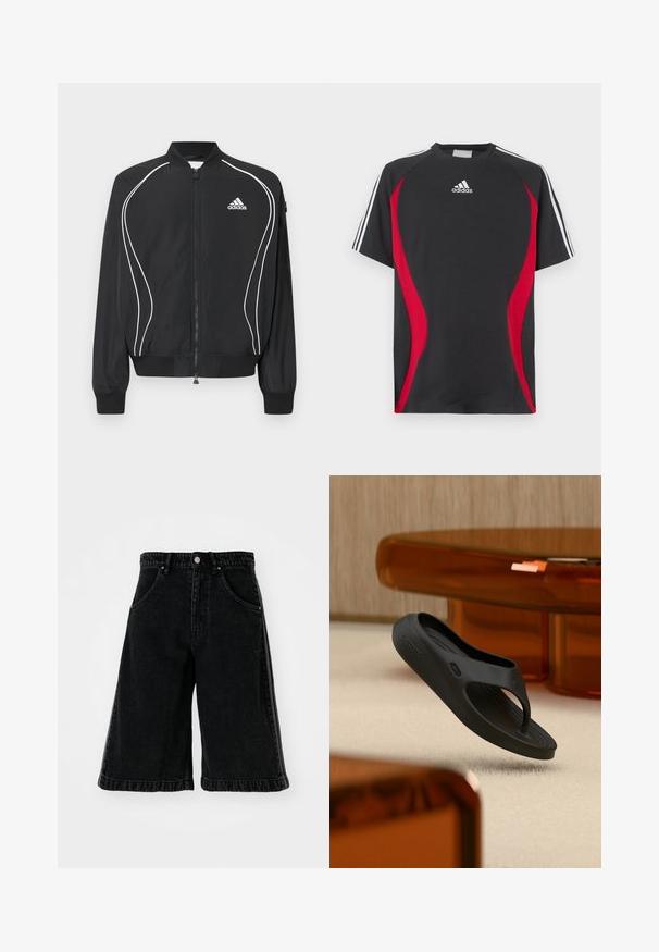 Sort Adidas lynlåsjakke med hvide buede striber, ribbet krave og manchetter samt Adidas-logo på venstre bryst.; Sort kortærmet T-shirt med røde sideakcenter, hvid Adidas-logo på brystet og hvide skulderstriber. Fremstillet af et glat stof.; Sorte denimshorts med bred ben-design, der har høj talje, bæltestropper og forlommer. Minimalistisk syninger og hardware detaljer.; Sort flip-flop lavet af gummi med en snøre-design, struktureret fodseng og præget logo. Placeret på en blød, lys overflade.