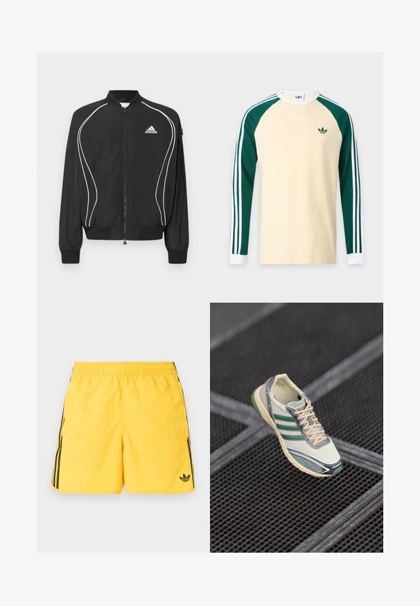 Μαύρο φούτερ Adidas με φερμουάρ, λευκές καμπυλωτές ρίγες, ριμπ στο κολάρο και τις μανσέτες, και λογότυπο Adidas στο αριστερό στήθος.; Μπεζ πουκάμισο με μακριά μανίκια με σκούρα πράσινα raglan μανίκια, λευκά μανσέτες, λευκές ρίγες στα μανίκια και μικρό πράσινο λογότυπο Adidas στο στήθος.; Φωτεινό κίτρινο μαγιό Adidas με ελαστική μέση, μαύρες λωρίδες στα πλάγια, πλαϊνές τσέπες και μαύρο λογότυπο Adidas trefoil στο αριστερό πόδι.; Λευκό και πράσινο διχτυωτό αθλητικό παπούτσι με μπεζ κορδόνια να αιωρείται πάνω από σκοτεινές μεταλλικές σχάρα δαπέδου.