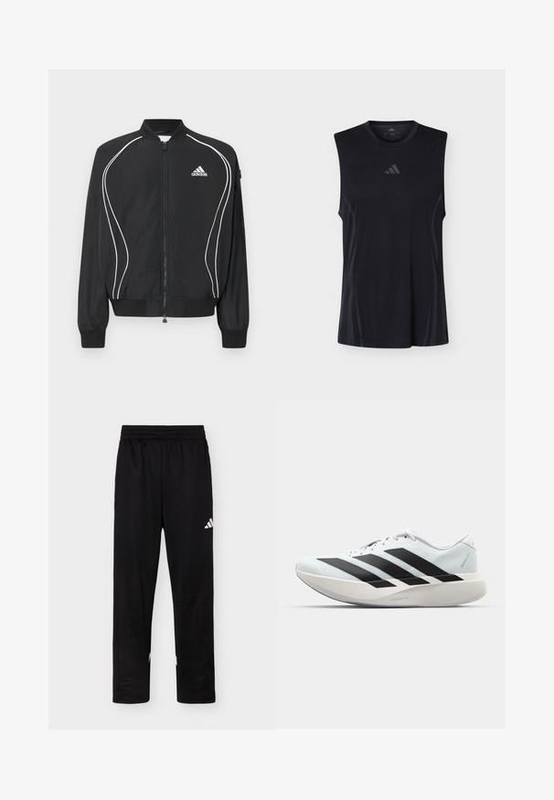 Čierna Adidas bunda na zips s bielym zakriveným lemovaním, rebrovaným golierom a manžetami a logom Adidas na ľavej strane hrudníka.; Čierne atletické tielko bez rukávov s jemnými sieťovanými bočnými panelmi a malým logom Adidas uprostred pod okrúhlym výstrihom.; Čierne športové nohavice s elastickým pásom a bielym logom Adidas na pravom stehne na jednoduchom pozadí.; Biela bežecká topánka s tromi veľkými čiernymi pruhmi na boku a hrubou zakrivenou podrážkou označenou Lightstrike Pro.