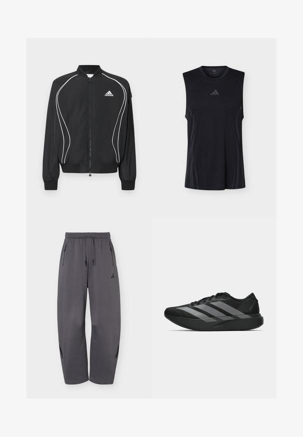 Zwarte Adidas-jas met ritssluiting, witte gebogen bies, geribbelde kraag en manchetten, en het Adidas-logo op de linkerborst.; Zwarte mouwloze sportshirt met subtiele mesh zijpanelen en een klein Adidas-logo gecentreerd onder de ronde halslijn.; Donkergrijze atletische broek met wijde pijpen, elastische tailleband, trekkoorden, ritssluitingen aan de zijkanten en een subtiel merkembleem op de linker dij.; Zwarte sportieve schoenen met een lichtgewicht ontwerp, voorzien van drie opvallende grijze strepen, een gladde textuur en een gevormde zool.