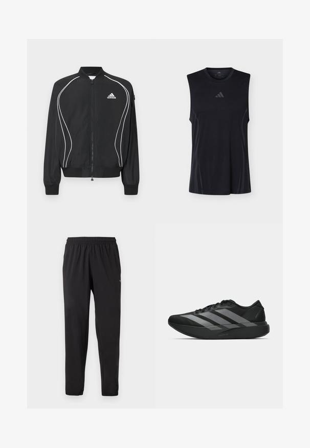 Veste zippée Adidas noire avec des passepoils blancs incurvés, col et poignets côtelés, et logo Adidas sur le côté gauche de la poitrine.; Débardeur de sport noir avec des panneaux latéraux en mesh subtils et un petit logo Adidas centré sous l'encolure ronde.; Pantalon de sport noir avec taille et poignets élastiques, logo discret sur la partie supérieure de la cuisse gauche, coupe droite.; Chaussures de sport noires au design léger, présentant trois rayures grises marquées, une texture lisse et une semelle profilée.