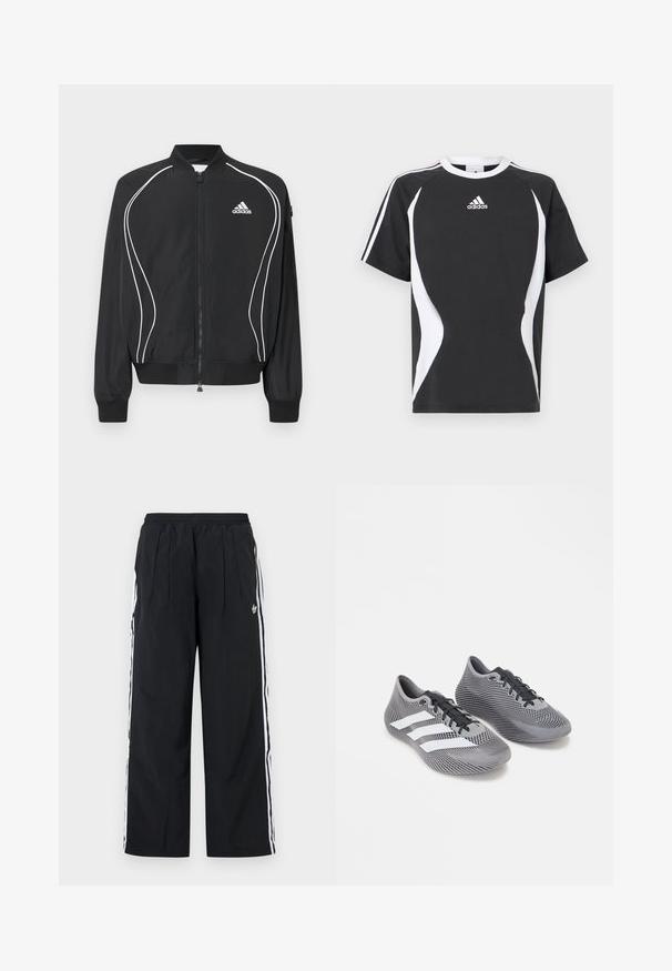 Μαύρο φούτερ Adidas με φερμουάρ, λευκές καμπυλωτές ρίγες, ριμπ στο κολάρο και τις μανσέτες, και λογότυπο Adidas στο αριστερό στήθος.; Μαύρο κοντομάνικο μπλουζάκι με λευκές σχεδιαστικές λεπτομέρειες και λογότυπο Adidas στο στήθος. Κατασκευασμένο από απαλό βαμβακερό ύφασμα με στρογγυλή λαιμόκοψη.; Μαύρο παντελόνι με φαρδιά μπατζάκια και λευκές ρίγες στο πλάι, ελαστική μέση, πιέτες μπροστά και λογότυπο Adidas στο δεξί μηρό.; Ζευγάρι γκρι και μαύρα αθλητικά παπούτσια με λευκές ρίγες και μαύρα κορδόνια σε απλό λευκό φόντο.