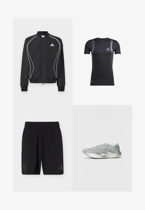 Chaqueta negra con cremallera de Adidas, con ribetes curvos blancos, cuello y puños acanalados, y logo de Adidas en el pecho izquierdo.; Camiseta deportiva negra de manga corta con detalles en gris, hecha de una tela elástica. Presenta un logo de Adidas en el lado izquierdo del pecho y la marca Techfit.; Pantalones cortos deportivos negros con cintura elástica, que presentan un sutil logo de Adidas en la pierna derecha y el emblema del equipo en la pierna izquierda.; Zapatilla deportiva ligera en color gris con un diseño elegante, que presenta una parte superior texturizada, tres rayas diagonales y una suela reflectante en color plateado.