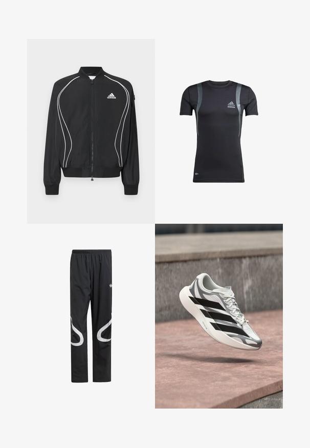 Musta Adidas-vetoketjullinen takki valkoisilla kaarevilla somisteilla, resorikauluksella ja -hihoilla sekä Adidas-logo vasemmalla rinnalla.; Mustat lyhythihaiset urheilupaidat, joissa on harmaat yksityiskohdat, valmistettu joustavasta kankaasta. Paidassa on Adidas-logo vasemmassa rinnassa ja Techfit-brändäys.; Musta urheiluhousut, joissa on joustava vyötärö, suuret valkoiset kaarevat korostukset sivuilla ja pieni logo yläreidessä.; Valkoinen ja harmaa juoksukenkä mustilla raidoilla, leijuu vaaleanpunertavan betonipinnan yläpuolella lähellä harmaata kiviseinää.