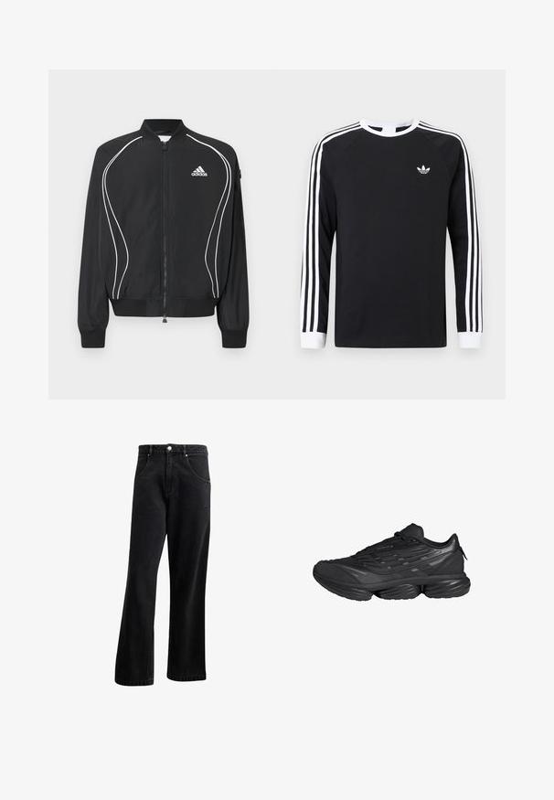 Zwarte Adidas-jas met ritssluiting, witte gebogen bies, geribbelde kraag en manchetten, en het Adidas-logo op de linkerborst.; Zwart T-shirt met lange mouwen en een wit drie-strepen ontwerp op de mouwen. Voorzien van een ronde hals en een klein wit logo op de borst.; Zwarte denim jeans met een recht gesneden ontwerp, voorzien van voorzakken, een knoopsluiting en een lichte textuur. Inclusief een subtiele logo-detail.; Zwarte sportschoen met dikke gesegmenteerde zool, gestructureerd bovenwerk en vetersluiting, gezien van opzij tegen een witte achtergrond.